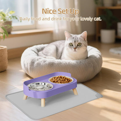 Elevated Cat Bowl, Raised Cat Food and Water Bowl Set for Indoor Cats, Splash Proof with 2 Stainless Steel Pet Food Bowls for Cats and Puppies, Whisker Fatigue and Dishwasher Safe - White