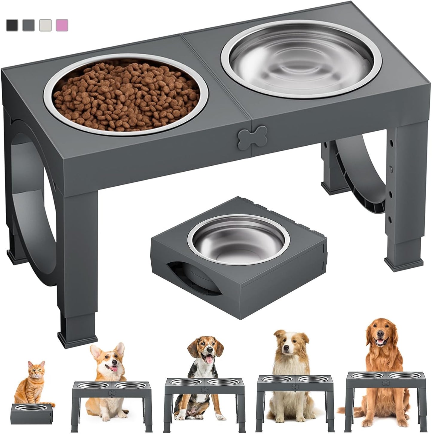 XIAZ Elevated Dog Bowls Large Breed Raised Dogs Bowl Stand Large/Medium Sized Dog Slow Feeder Dogs Bowls Food Water Stands 5 Heights Adjustable 9/11/12/14in Pet Feeder Dish Station