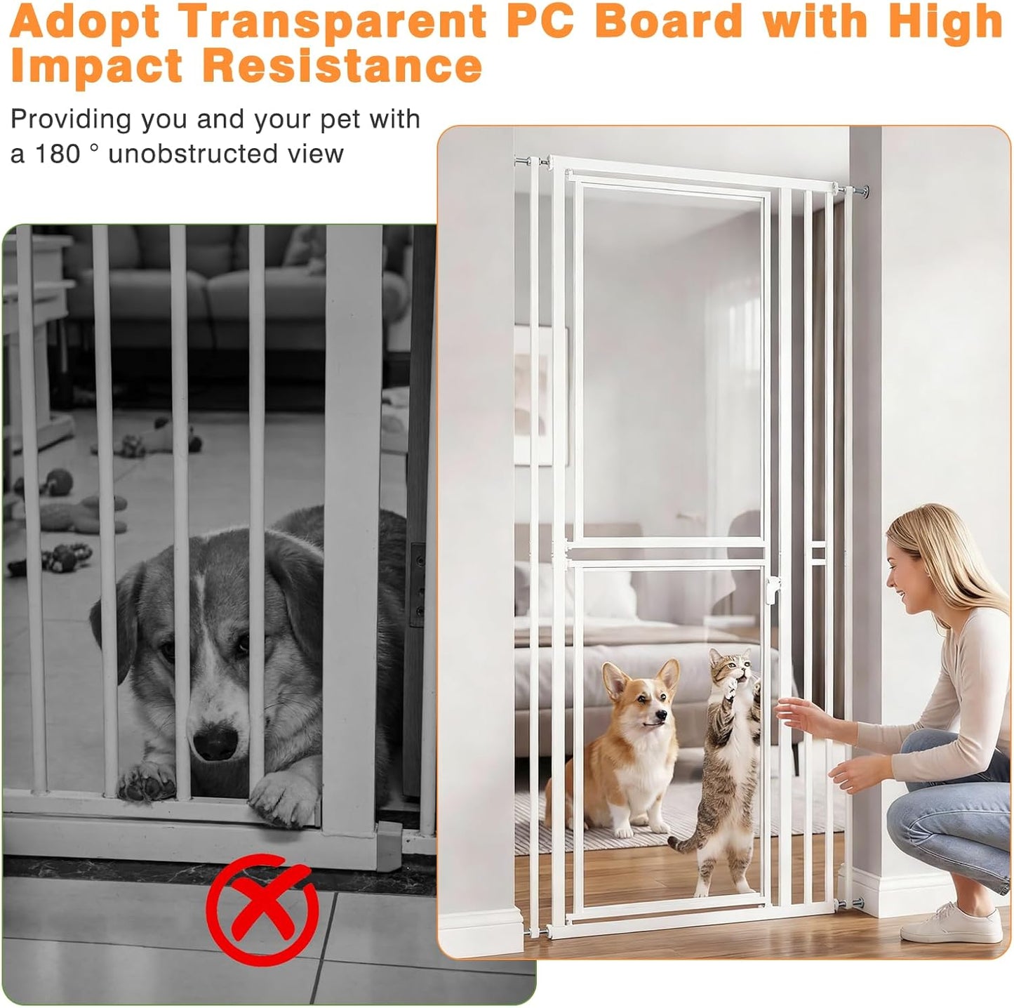 78.7" Extra Tall Transparent Cat Gate for Doorway, PC Board Clear Pet Gate with 27”-37” Adjustable Width, Pressure Mounted Dog Gate with Auto Locking, for Stairs/Kitchen/Hallways, No Drilling