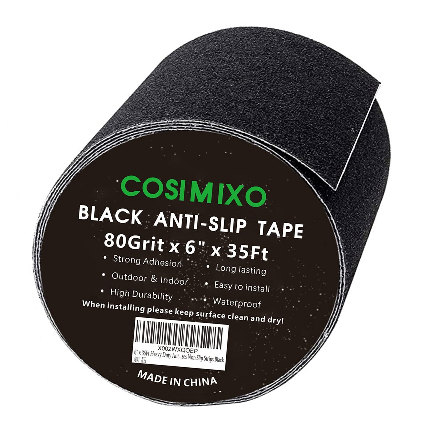 COSIMIXO 8" x 35Ft Heavy Duty Anti Slip Tape,Best 80grit Friction,Grip,Abrasive for Stairs Outdoor/Indoor,Skateboard Grip Tape Safety Non Skid Tread Staircases Anti-Slip Traction Tape Black