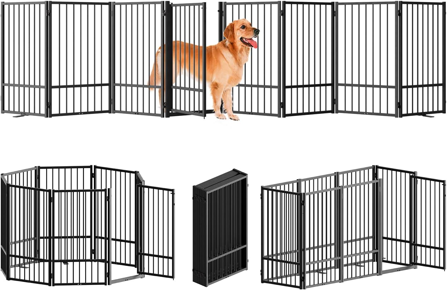 SNUOWU Full Metal Freestanding Dog Gate with Door, 32''Height Foldable Pet Dog Fence for Indoor & Outdoor, 4 Panels Extra Wide Free Standing TallDog Gates for Doorways,House,Stairs,Porch,Deck,Yard