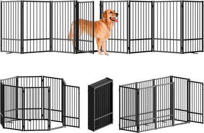 SNUOWU Full Metal Freestanding Dog Gate with Door, 32''Height Foldable Pet Dog Fence for Indoor & Outdoor, 4 Panels Extra Wide Free Standing TallDog Gates for Doorways,House,Stairs,Porch,Deck,Yard