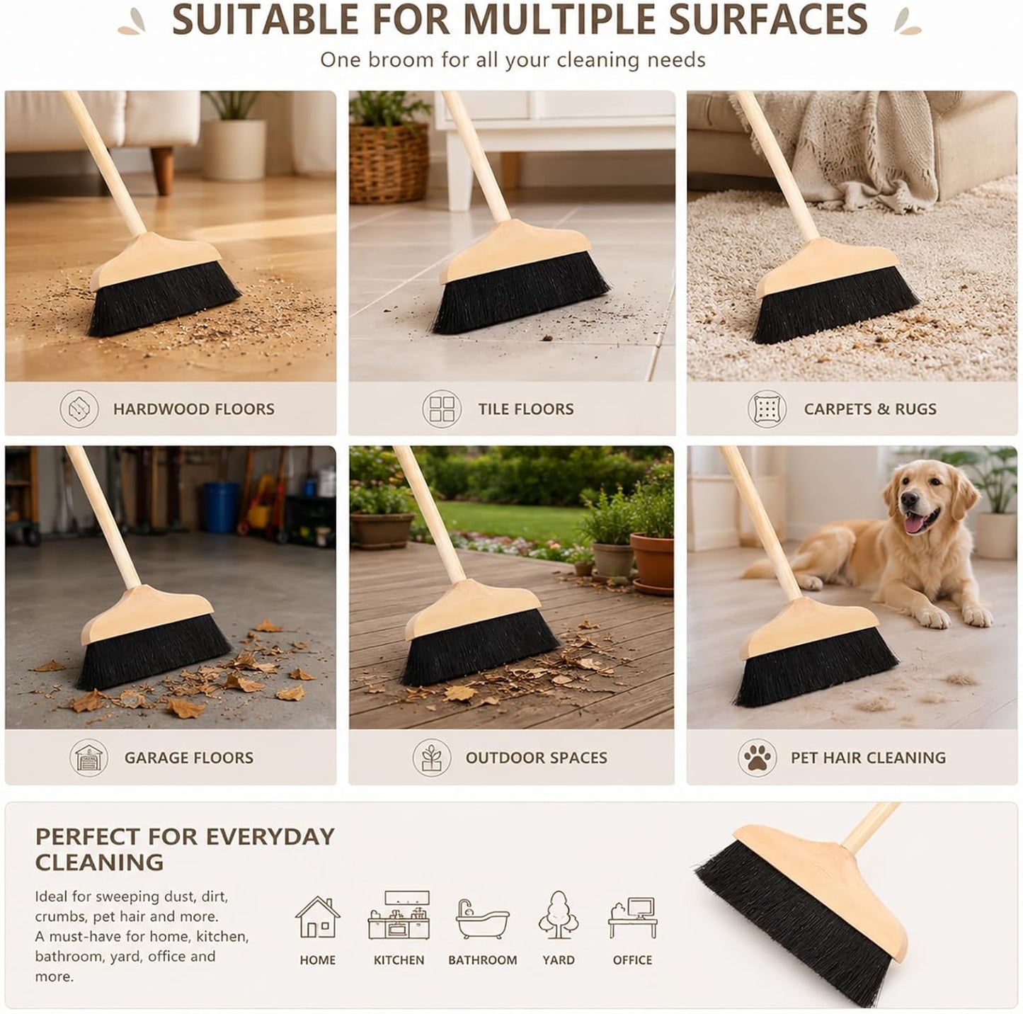 Mikikit Horsehair Broom with Long Handle Soft Bristle Sweeper Wooden Broom Indoor for Hardwood Floors Carpets Home Kitchen Office Pet Hair Cleaning