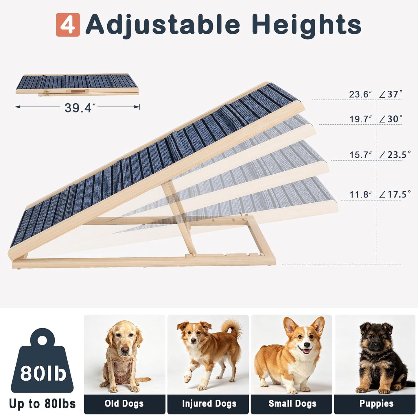 Folding Dog Ramp for Small & Medium Dogs, 39”L Wooden Pet Ramp with 4 Adjustable Heights 11”-23”, Non-Slip Dog Ramp for Bed, Couch & Car, Indoor Outdoor Travel Use