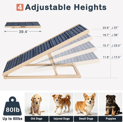 Folding Dog Ramp for Small & Medium Dogs, 39”L Wooden Pet Ramp with 4 Adjustable Heights 11”-23”, Non-Slip Dog Ramp for Bed, Couch & Car, Indoor Outdoor Travel Use