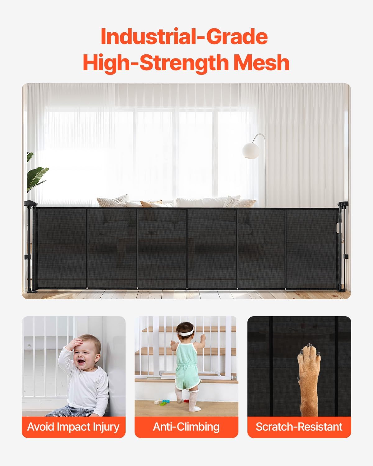 VEVOR Retractable Baby Gate, 34 inch Tall, Extends up to 110 inch Wide, Retractable Gate for Kids or Pets, Mesh Material, Easy to Install for Indoor Stairs, Doorways, Hallways, Playrooms, Gray