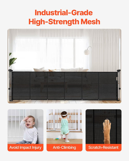VEVOR Retractable Baby Gate, 34 inch Tall, Extends up to 110 inch Wide, Retractable Gate for Kids or Pets, Mesh Material, Easy to Install for Indoor Stairs, Doorways, Hallways, Playrooms, Gray