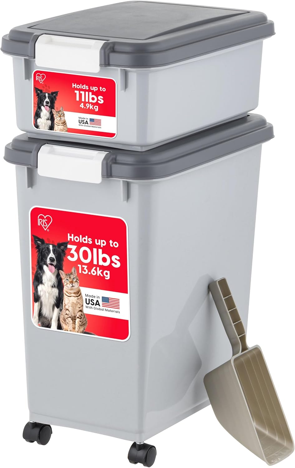 IRIS USA 30 lbs & 11 lbs Combo Airtight Dog Food Storage Container, Stackable Treat Box, 2-Cup Scoop, Wheels, Keep Fresh, Easy Mobility, Chrome