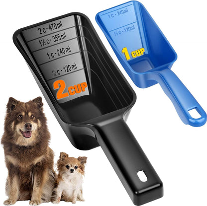 2-Pack Dog Food Scoop Set,1 Cup and 2 Cup Plastic Pet Food Measuring Scoops with Clear Measurement Lines,Multi-Purpose Pet Food Scooper for Dogs, Cats (Green and Black)
