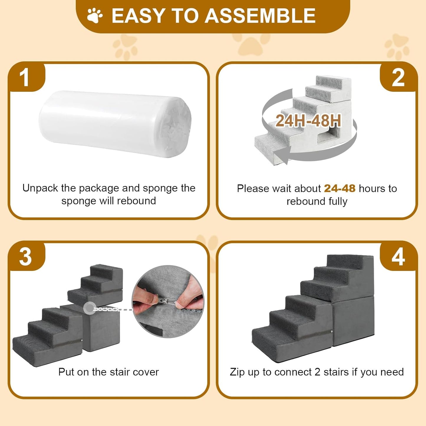 Dog Stairs for Small Dogs, 6-Step Dog Steps for High Bed, High-Density Foam Pet Stairs with Non-Slip Removable Washable Cover to Get on Bed