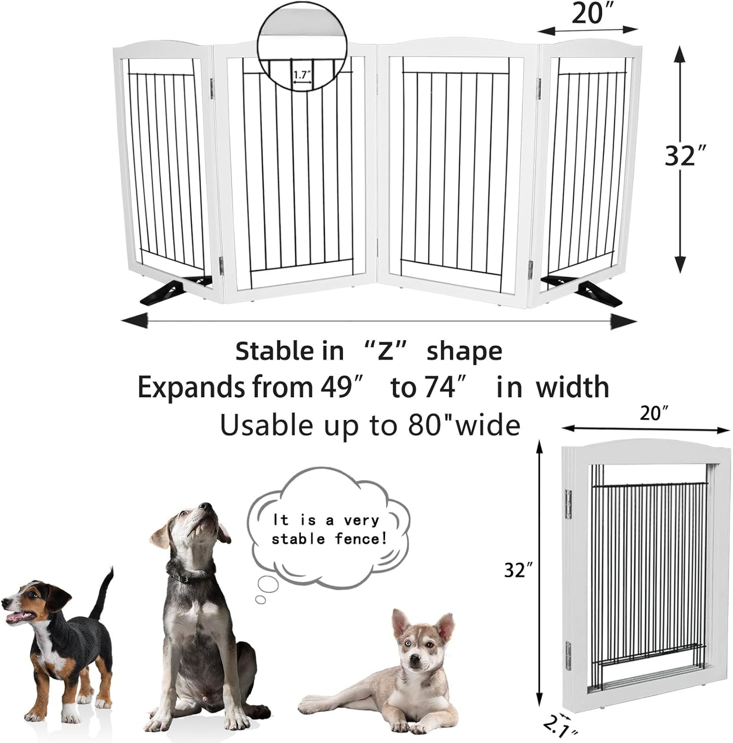 ZJSF Freestanding Dog Fence Indoor, Foldable Dog Gate for Doorways, Stairs or Hallways, Sturdy Wood Extra Wide Pet Gate with Support Feet for The House, White, 24 "Height-3 Panels