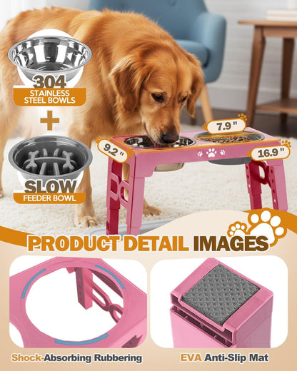 Jovrun Elevated Dog Bowls for Small Dogs and Cats, Non-Slip Cat Bowls with 2 Thick 5.5" Stainless Steel Dishes, Dog Feeder 2 Heights Adjustable to 2.6"-5.3"
