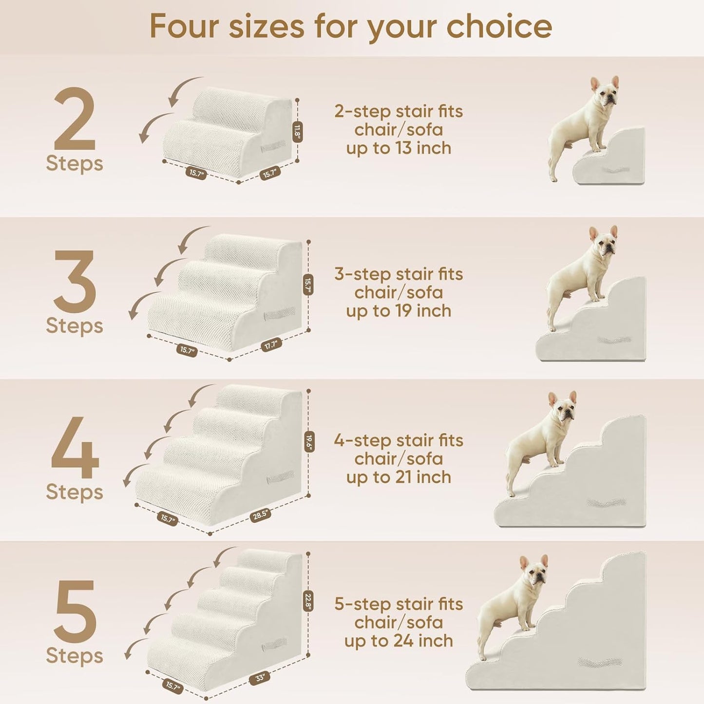 PAWSCRAT Pet Stairs for Dogs 4-Step, 19.6" H Pet Stairs for High Bed, Couch Sofa & Chair, 30D Material Soft Foam Dog Steps with Non-Slip Bottom Surface Removable Washable Cover, Grey