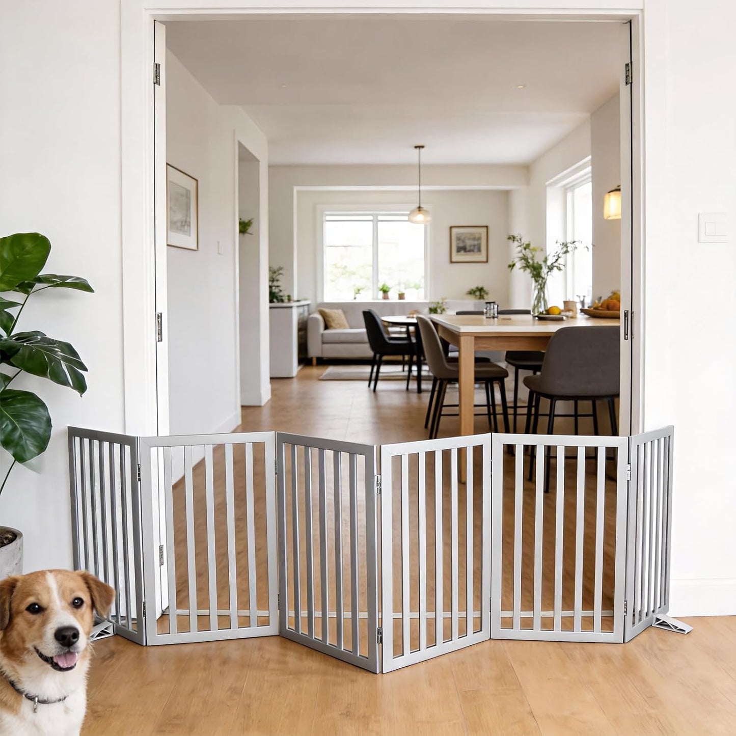 Dog Gate Indoor, Freestanding Dog Fence for The House, Doorways, Hallways,or Stairs,Pet Gate Foldable Wooden,Expandable 24" Height 3 Panels,White