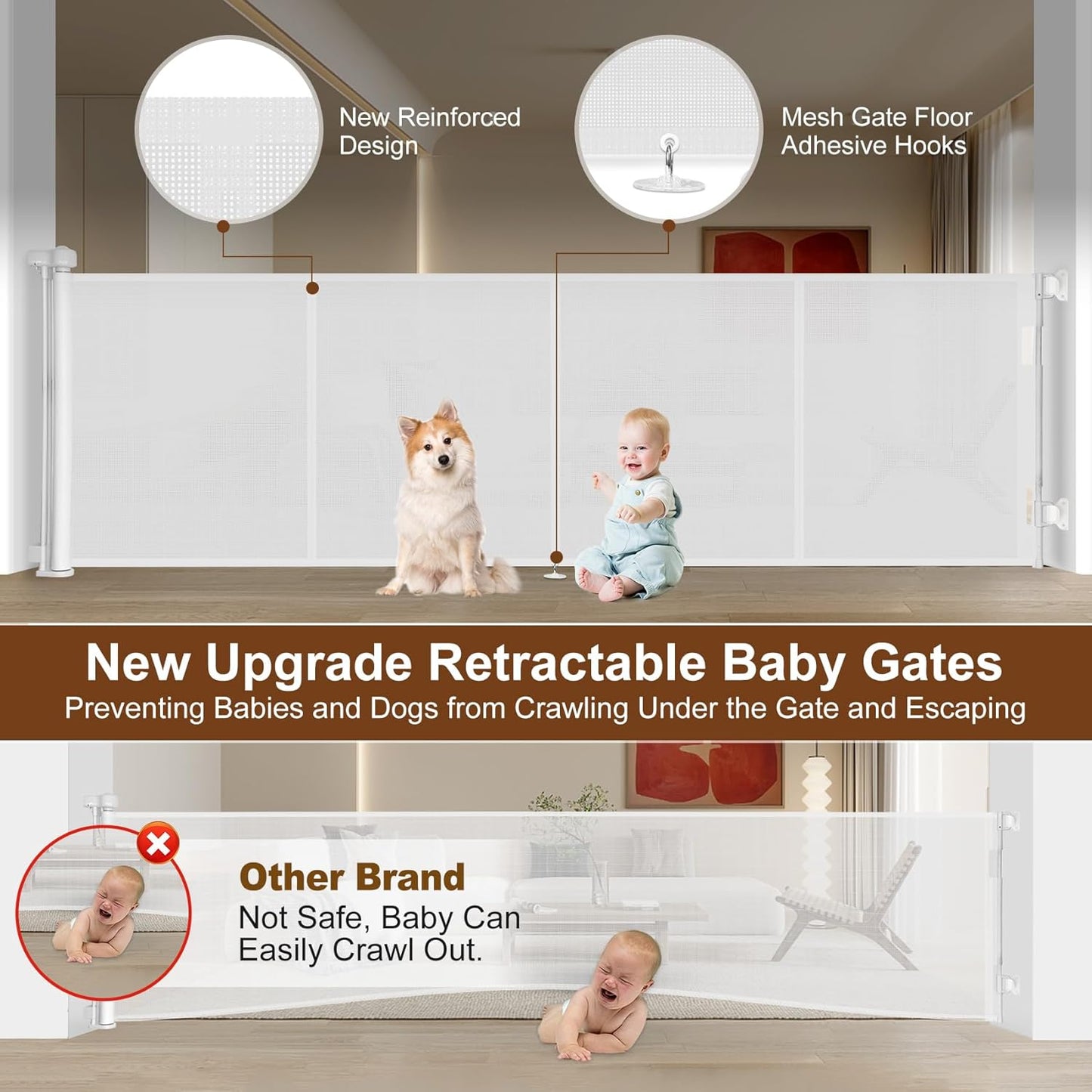 Miumoon 150 inch Retractable Baby Gates 42 inch Tall, Retractable Gate with Reinforced Strip Design to Prevent Crawling Through, 12 FT Extra Wide Retractable Dog Gate for Indoor/Outdoor