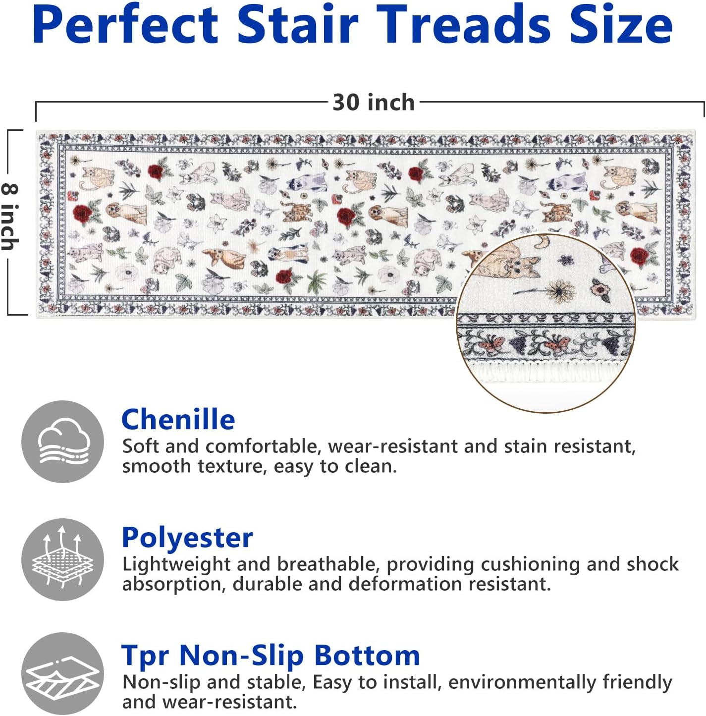 Animal Cat Dog Stair Treads Non Slip for Wooden Steps 15PCS 8"x30" Stair Carpet Treads TPR Backing Soft Stair Runner Washable Reusable Indoor Safety Stair Mats for Elders Kids Dogs Black