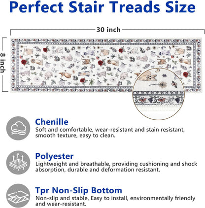 Animal Cat Dog Stair Treads Non Slip for Wooden Steps 15PCS 8"x30" Stair Carpet Treads TPR Backing Soft Stair Runner Washable Reusable Indoor Safety Stair Mats for Elders Kids Dogs Black