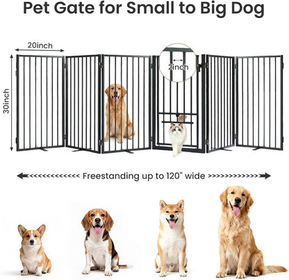 Metal Freestanding Dog Gate with Cat Door for Outdoor Indoor,80" Extra Wide Foldable Pet Fence,30" Tall Dog Gate for Large Opening,Stairs,Hallways,Doorways,Deck,Yard,with 3PCS Support(4 Panels,Black)
