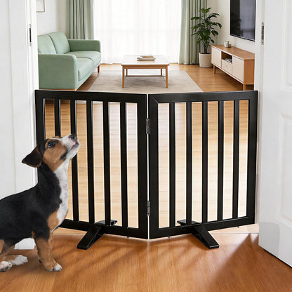 ZJSF Freestanding Indoor Dog Gate for House Foldable Wood Puppy Gate for Doorways Pet Gate for Stairs Extra Wide Pet Fence, Brown, 24" Height 3 Panels