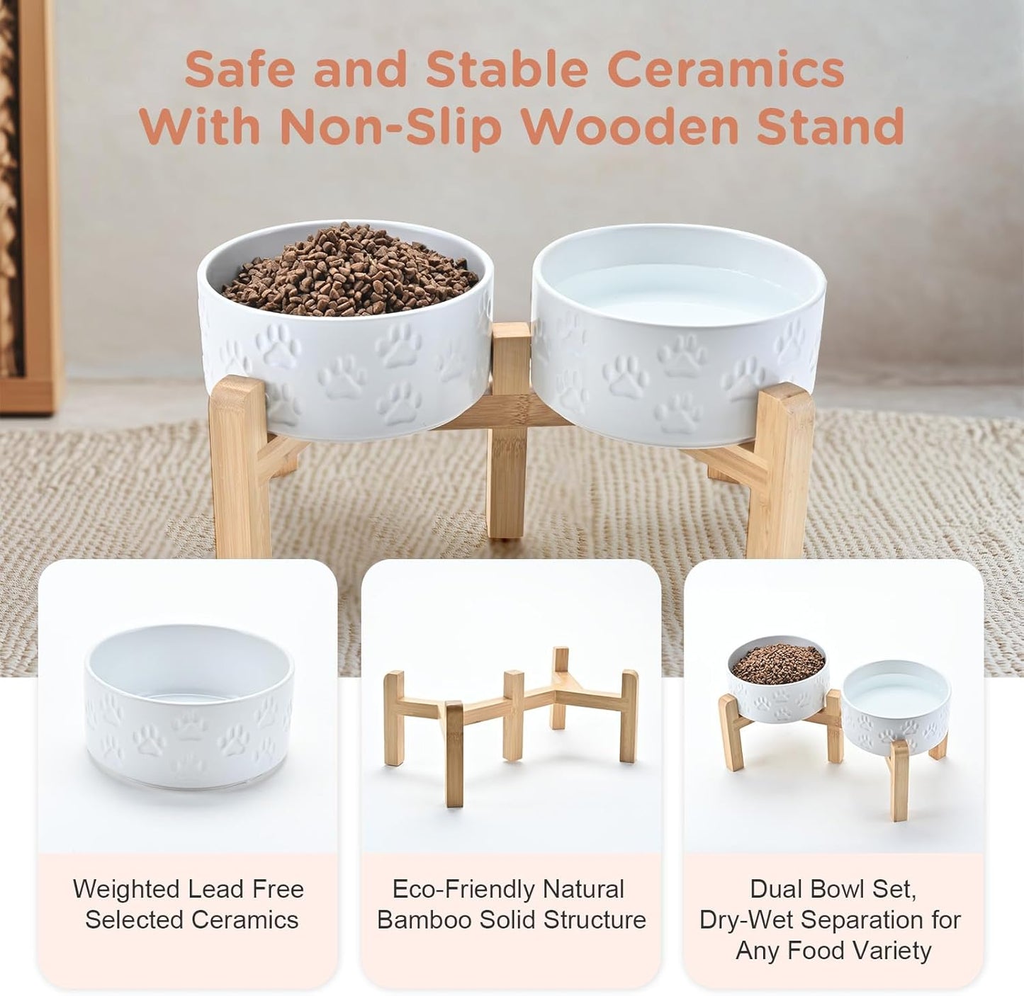 SPUNKYJUNKY Elevated Dog Bowls Ceramic, 6.1'' Dogs and Cat Food Water Bowls Raised with Non-Slip Bamboo Stand for Medium Sized Breed Microwave Dishwasher Safe - 28.7 OZ,Beige