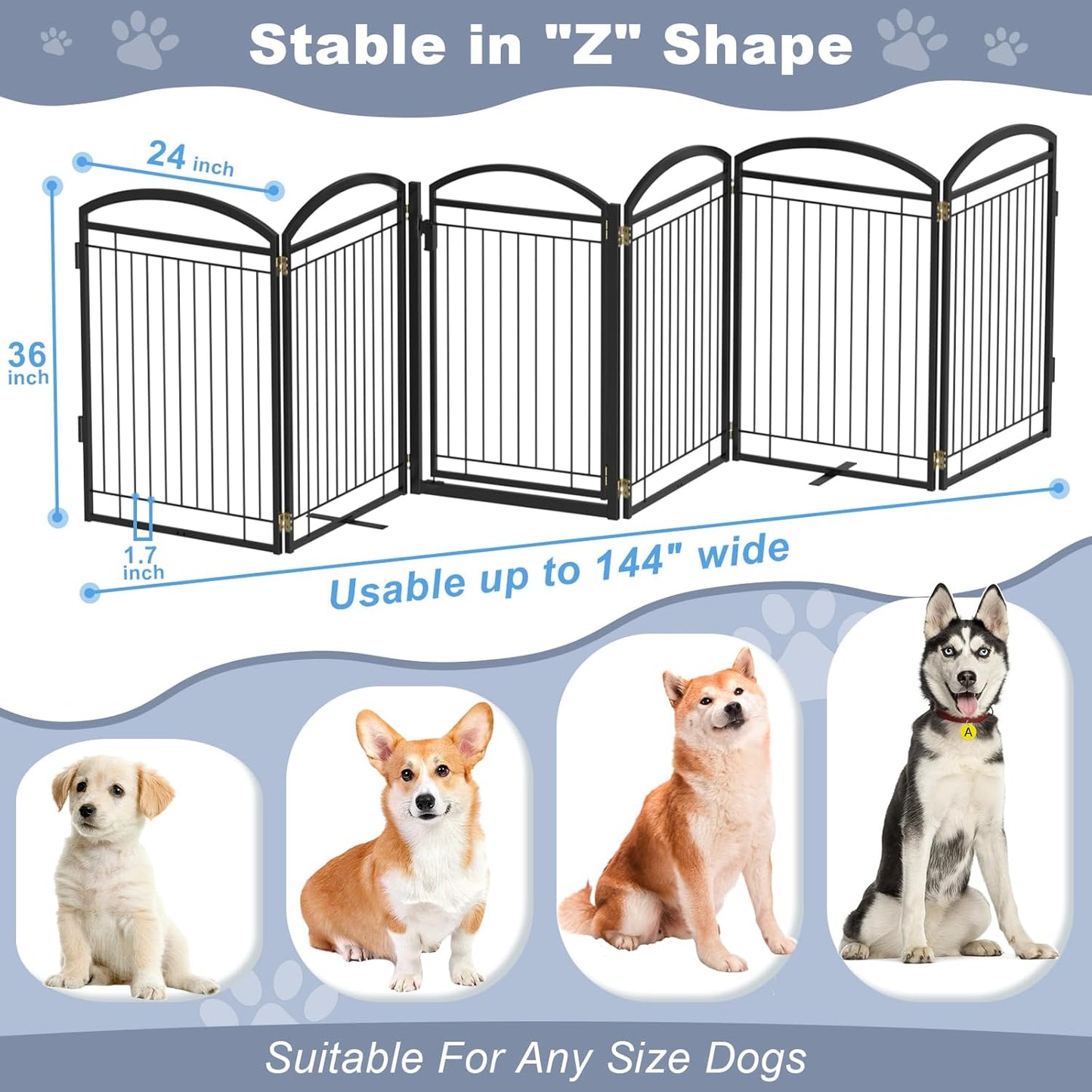 Full Metal Free Standing Dog Gate with Door for Indoor & Outdoor,96'' Extra Wide 32'' Tall Dog Gate for The Doorways,Large Openings,Decks,Porch,Pet Freestanding Safety Fence(4 Panels,Black)