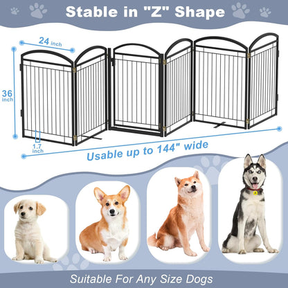 Full Metal Free Standing Dog Gate with Door for Indoor & Outdoor,96'' Extra Wide 32'' Tall Dog Gate for The Doorways,Large Openings,Decks,Porch,Pet Freestanding Safety Fence(4 Panels,Black)