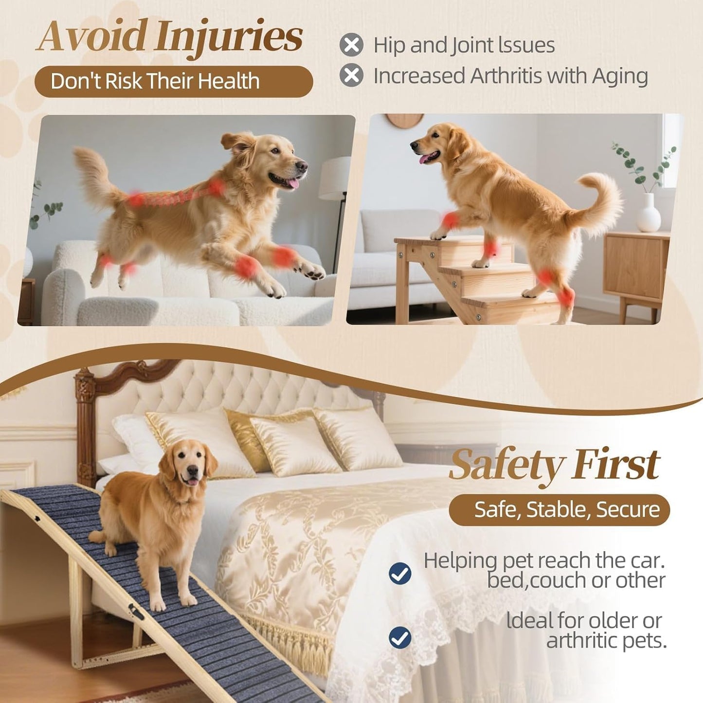 2026 Upgraded Dog Ramp for Couch & Low Bed, 33" L Folding Wood Pet Ramp 200LB Capacity, 4-Level Adjustable Height 11"-20", Non-Slip Sturdy Puppy Ramp for Small & Senior Dogs, Joint Relief, Wavy Design