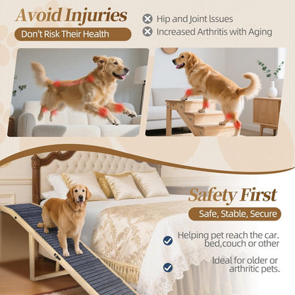 2026 Upgraded Dog Ramp for Couch & Low Bed, 33" L Folding Wood Pet Ramp 200LB Capacity, 4-Level Adjustable Height 11"-20", Non-Slip Sturdy Puppy Ramp for Small & Senior Dogs, Joint Relief, Wavy Design