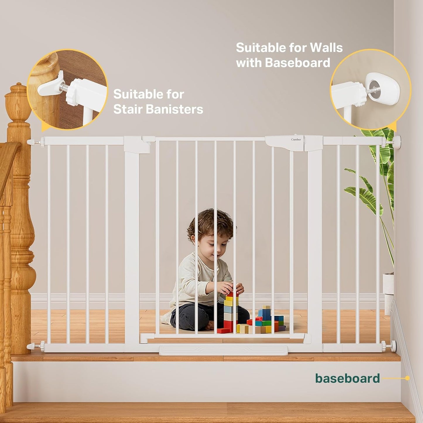 Cumbor 36.6-64" Extra Wide Baby Gate for Stairs, Dog Gates for Doorways, Auto-Close Pet Gate Indoor, Pressure Mounted Walk Through Safety Child Gate for Kids Toddler, Tall Pet Puppy Fence Gate, Brown