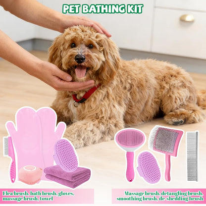 8PCS Dog Slicker Brush for Dogs Grooming Kit,Bath Grooming Kit for Pets,Hair Brush Set with Towel,Washing Gloves,Slicker Comb,and Shampoo Scrubber Brush for Small and Large Dogs and Cats(Blue)