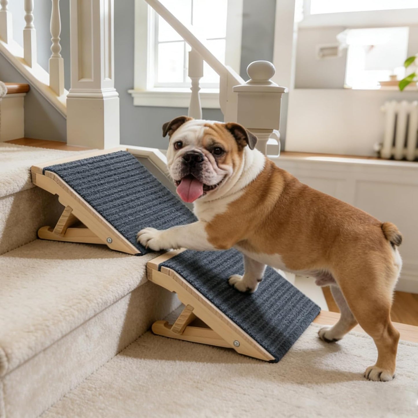 Dog Ramp for Stairs 2 Pack - Adjustable Solid Wood Foldable Indoor Pet Ramp for Senior & Injured Dogs, 2 Heights (4.2"/5.1"), Triangular Support & Non-Slip Carpet for Patio/Home, No Assembly (15.7"L)