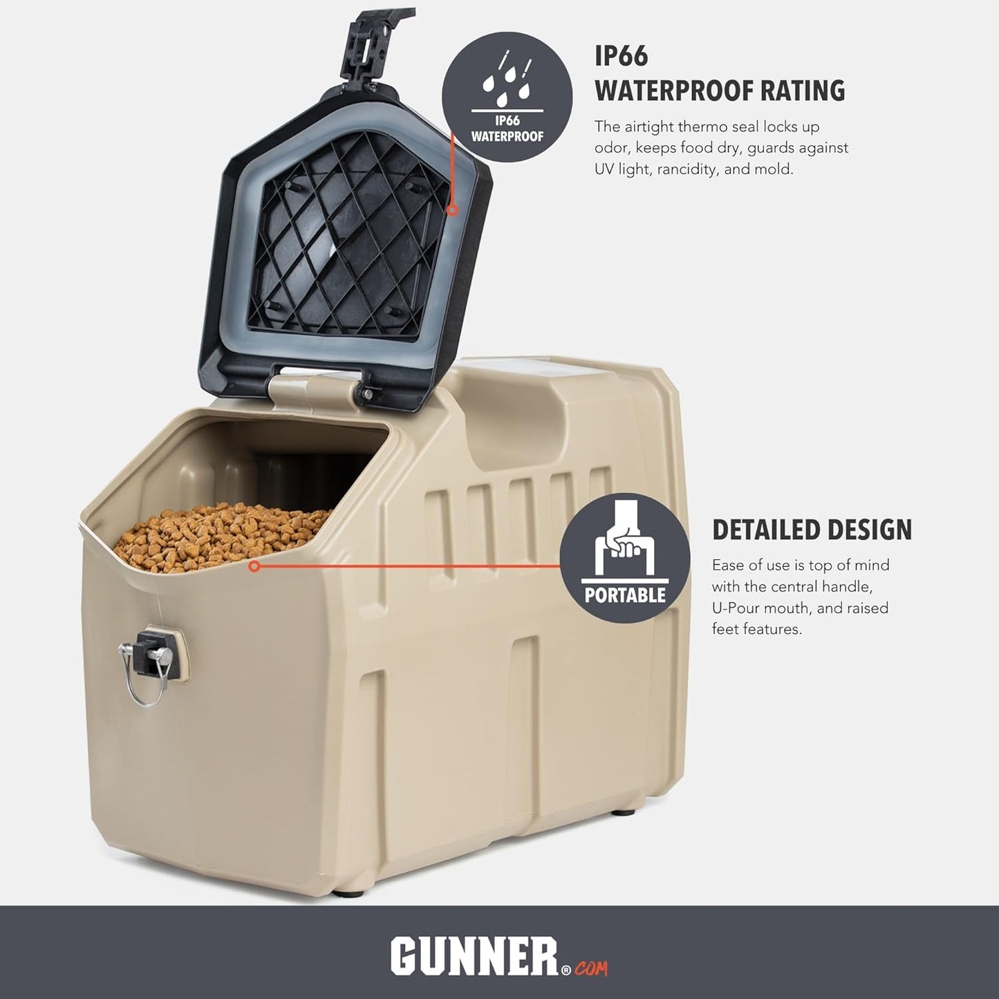 GUNNER 50 lbs Dog Food Storage Container - Waterproof & Airtight Pet Food Bin - Multi-Purpose Container for Dry Food, Corn, Chicken Feed, Treats, Bird Seed, & More - Gunmetal