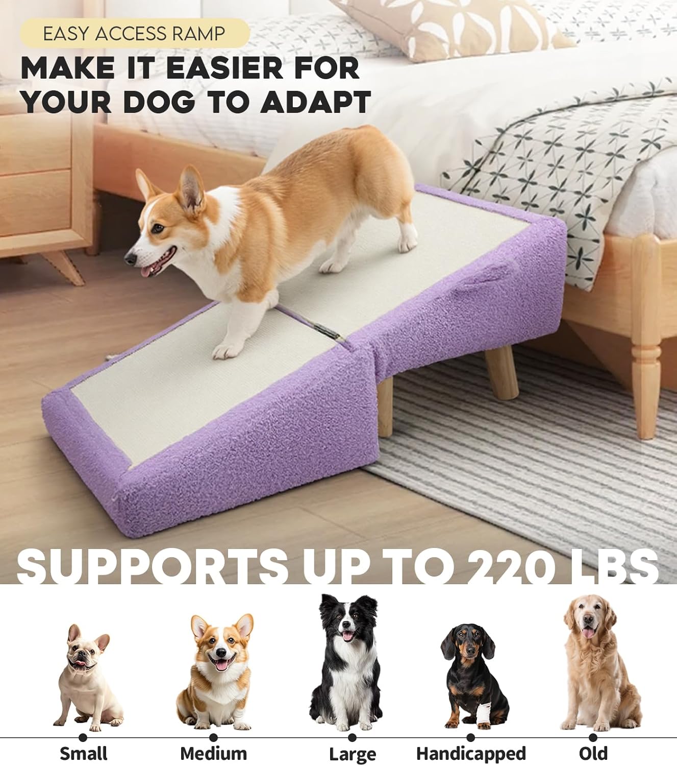 16.5'' Dog Ramp for Small Dogs & Cats, 2-in-1 Foldable Dog Stairs & Ottoman for Couch, Low Bed, Sturdy Wooden Frame, Joint-Friendly Gentle Incline, Non-Slip Surface, Light Purple