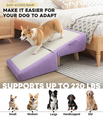 16.5'' Dog Ramp for Small Dogs & Cats, 2-in-1 Foldable Dog Stairs & Ottoman for Couch, Low Bed, Sturdy Wooden Frame, Joint-Friendly Gentle Incline, Non-Slip Surface, Light Purple