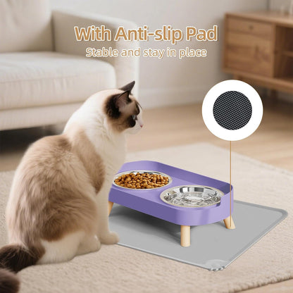 Elevated Cat Bowl, Raised Cat Food and Water Bowl Set for Indoor Cats, Splash Proof with 2 Stainless Steel Pet Food Bowls for Cats and Puppies, Whisker Fatigue and Dishwasher Safe - White