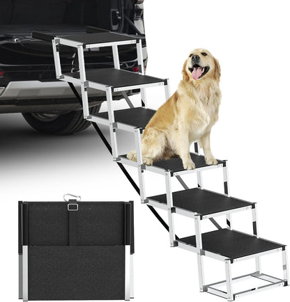 Deergym Dog Stairs for Large Dogs - 5 Step Wide 16in High 34in Foldable Dog Ramp for Car Non-Slip Surface Support up to 230lbs - Suitable for SUV,Truck, Sofas, Bed