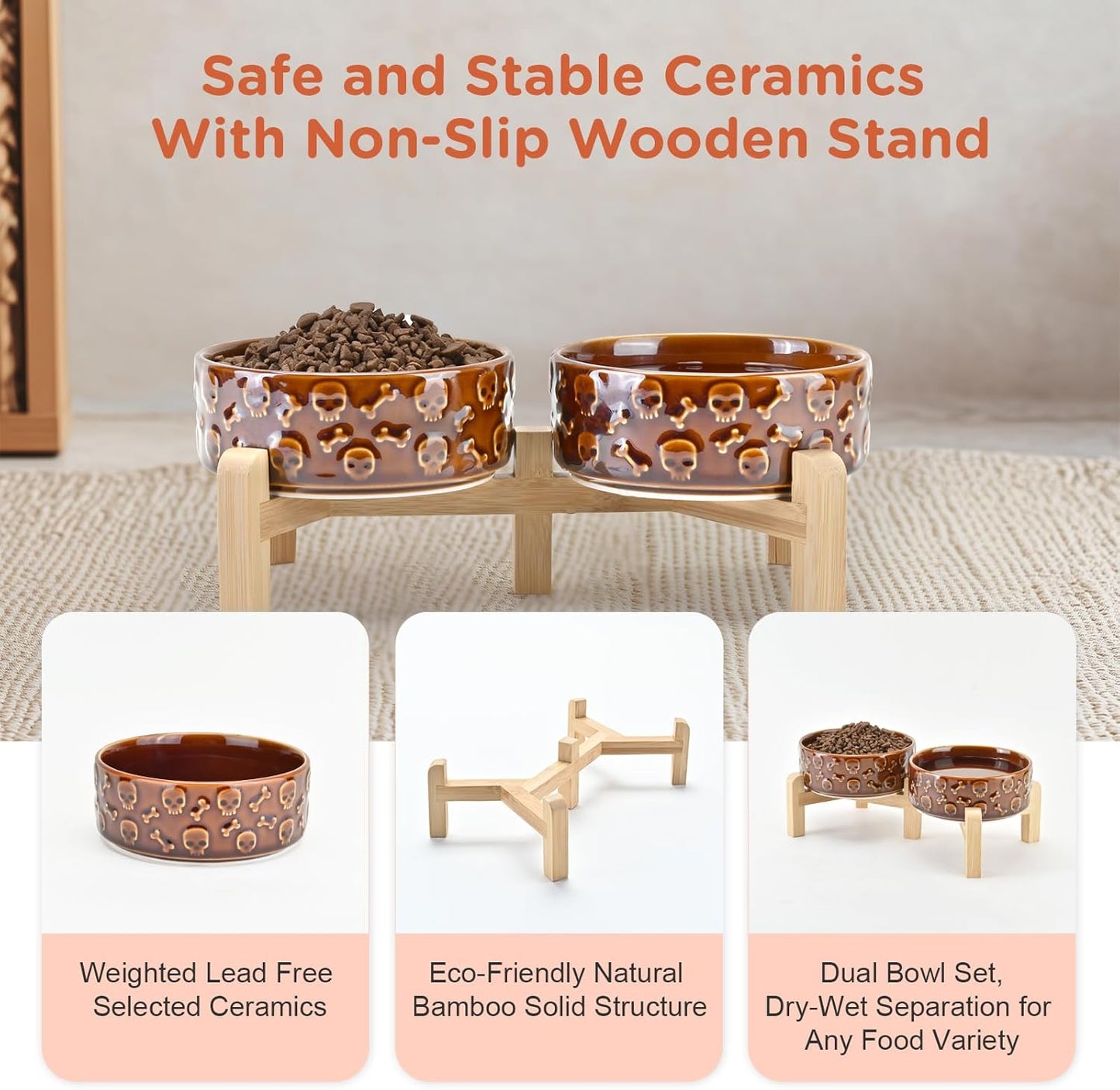 SPUNKYJUNKY Elevated Dog Bowls Ceramic, 6.1'' Dogs and Cat Food Water Bowls Raised with Non-Slip Bamboo Stand for Medium Sized Breed Microwave Dishwasher Safe - 28.7 OZ,Beige