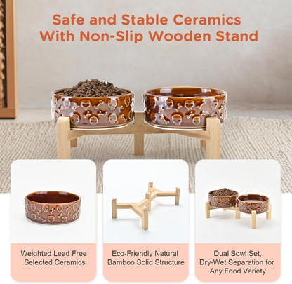 SPUNKYJUNKY Elevated Dog Bowls Ceramic, 6.1'' Dogs and Cat Food Water Bowls Raised with Non-Slip Bamboo Stand for Medium Sized Breed Microwave Dishwasher Safe - 28.7 OZ,Beige