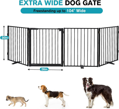 Snagle Paw Extra Wide Dog Gate,Free Standing Dog Fence with Door, Up to 104 Inch Wide Pet Gate with Support Feet for Stairs, Hallways, Doorways, Yard (Black, 4 Panels)