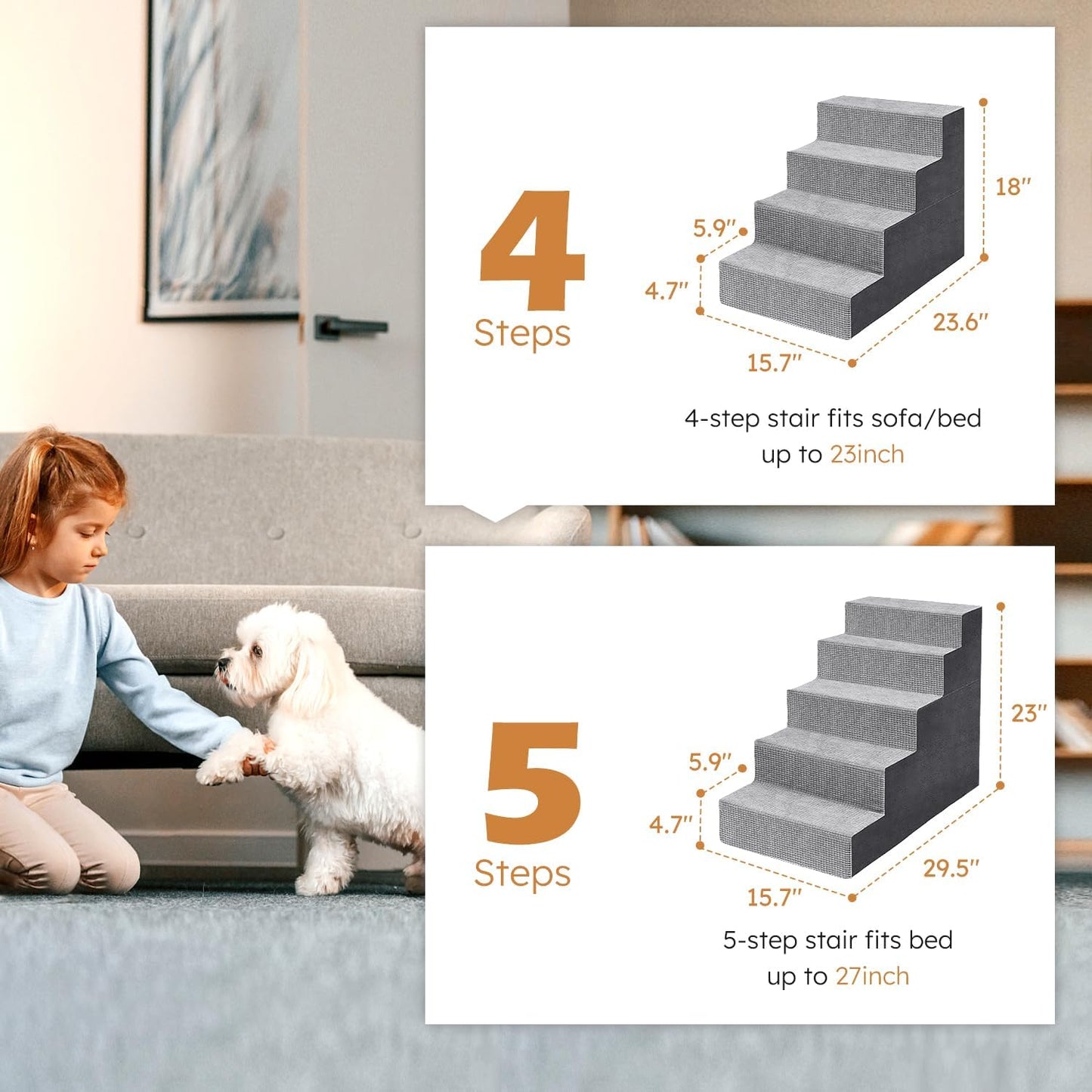 Heeyoo Dog Stairs for Small Dogs,5-Step Dog Steps for High Bed and Couch, High-Density Foam Pet Steps with Supporting Board, Non-Slip Removable Washable Cover, Grey