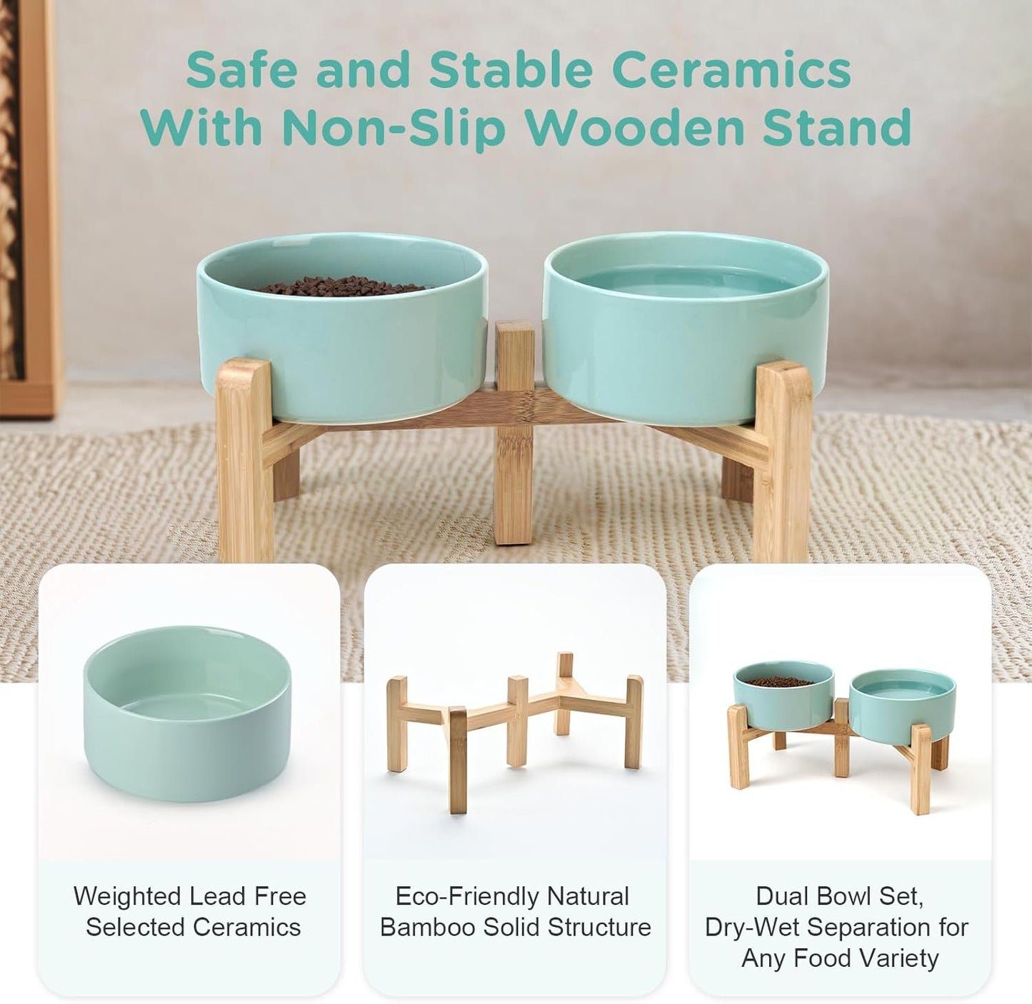 SPUNKYJUNKY Elevated Dog Bowls Ceramic, 6.1'' Dogs and Cat Food Water Bowls Raised with Non-Slip Bamboo Stand for Medium Sized Breed Microwave Dishwasher Safe - 28.7 OZ,Beige