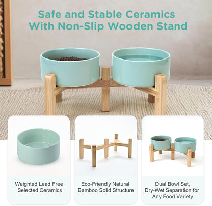 SPUNKYJUNKY Elevated Dog Bowls Ceramic, 6.1'' Dogs and Cat Food Water Bowls Raised with Non-Slip Bamboo Stand for Medium Sized Breed Microwave Dishwasher Safe - 28.7 OZ,Beige