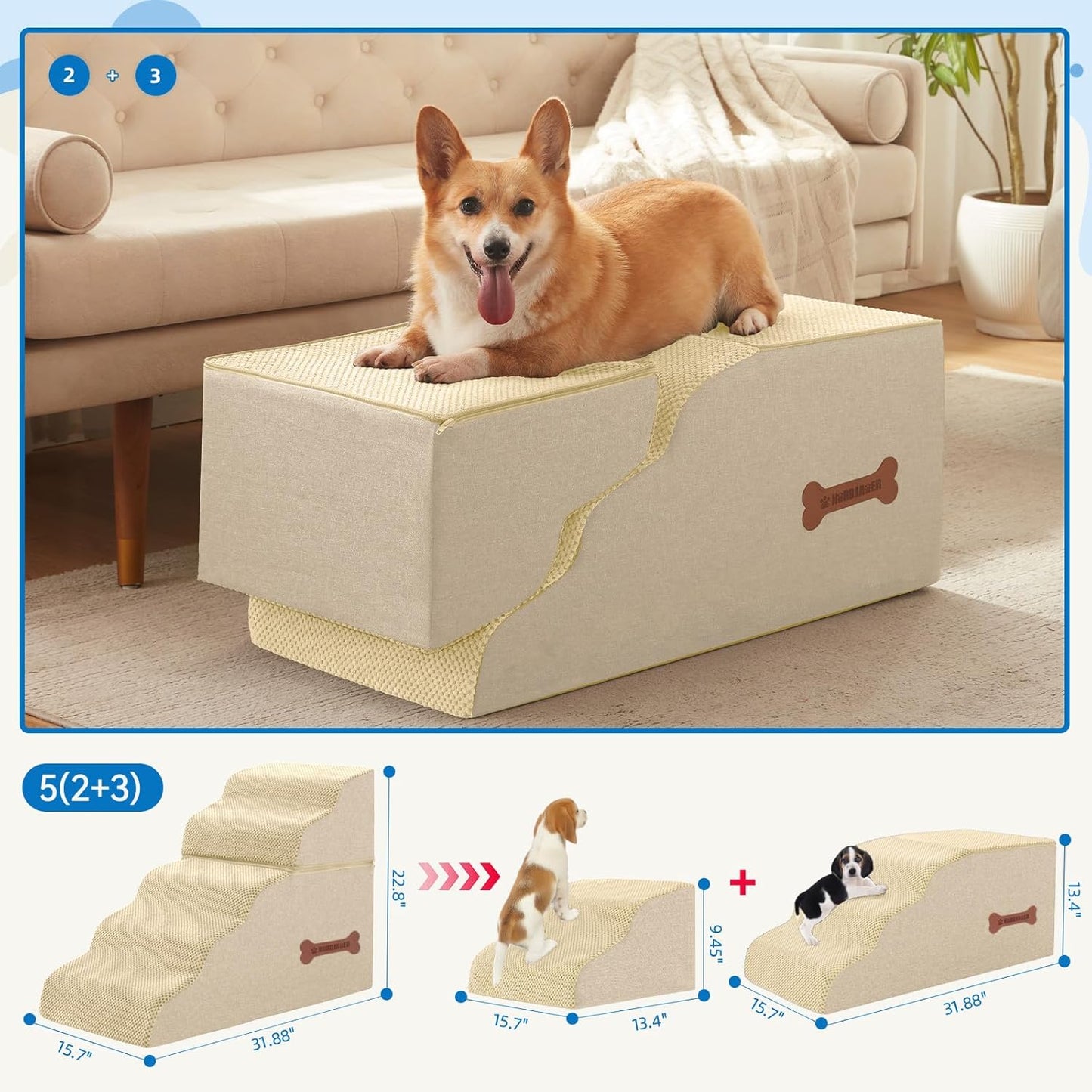 Dog Stairs for Small Dogs and Cats, 2 Steps Pet Stairs to Get on Couch Sofa and Chair, Indoor Non-Slip Balanced Portable Pet Step, High-Density Foam Ramp with Removable Washable Cover, Grey（11.8" H）