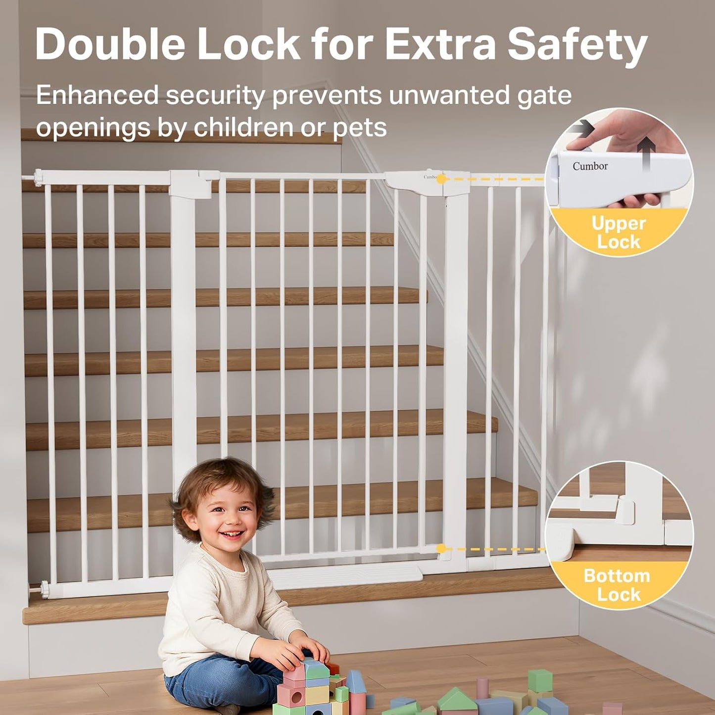 Cumbor 36.6-64" Extra Wide Baby Gate for Stairs, Dog Gates for Doorways, Auto-Close Pet Gate Indoor, Pressure Mounted Walk Through Safety Child Gate for Kids Toddler, Tall Pet Puppy Fence Gate, Brown