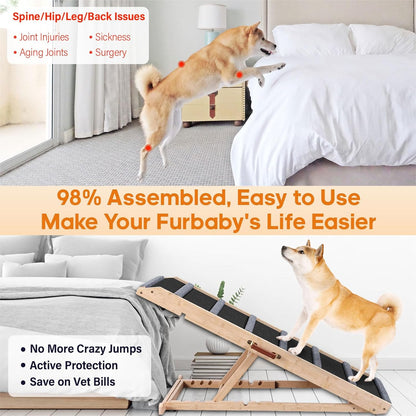 Dog Ramp for Bed - Extra Wide 17’’, Non-Slip Rubber Surface Excellent Traction, Pet Ramp for Small Large Dogs to Get on High Couch Car, Hold up to 200lb, Adjustable, Foldable