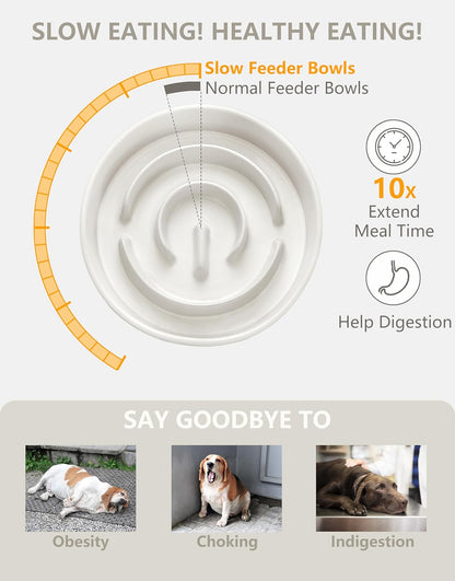 Ceramic Slow Feeder Dog Bowls, 2.0 Cups Slow Feeder for Medium Dogs, Puzzle Maze Bowl to Slow Down Eating, 30oz, 8in, White
