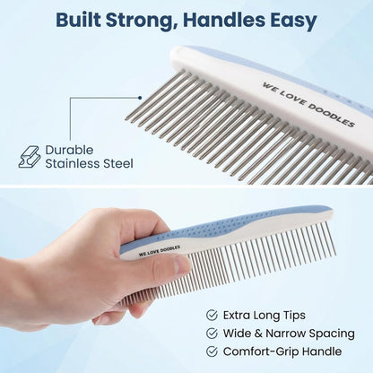 We Love Doodles Dog Comb (2 Packs) & Lavender Detangler Spray 16oz – Pet Grooming Essentials, Stainless Steel Rounded-End Dematting Metal Comb for Dogs, Dog Leave-In Conditioner Spray for Detangling