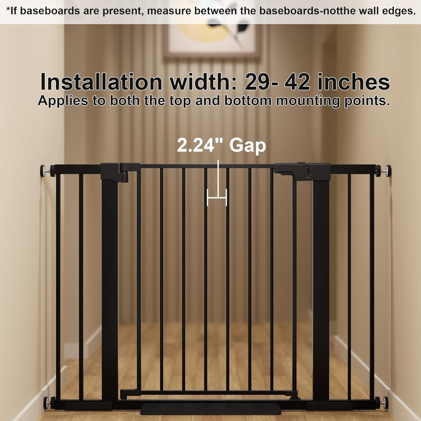 29-42 inches Metal Baby Gate for Stairs/Doorways, 30 inches Tall Pressure Mounted Pet Gates, Auto-Close Child Safety Gate, No Drilling Easy Walk-Through Dog Gate Indoor, Black
