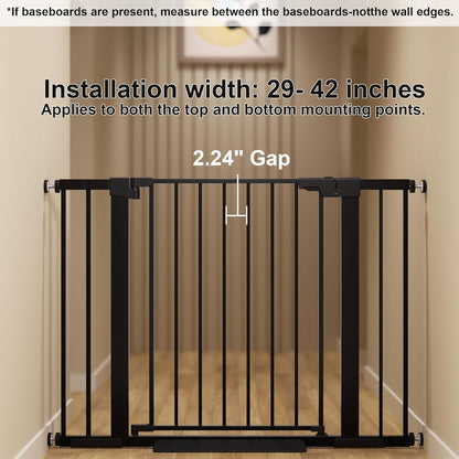 29-42 inches Metal Baby Gate for Stairs/Doorways, 30 inches Tall Pressure Mounted Pet Gates, Auto-Close Child Safety Gate, No Drilling Easy Walk-Through Dog Gate Indoor, Black