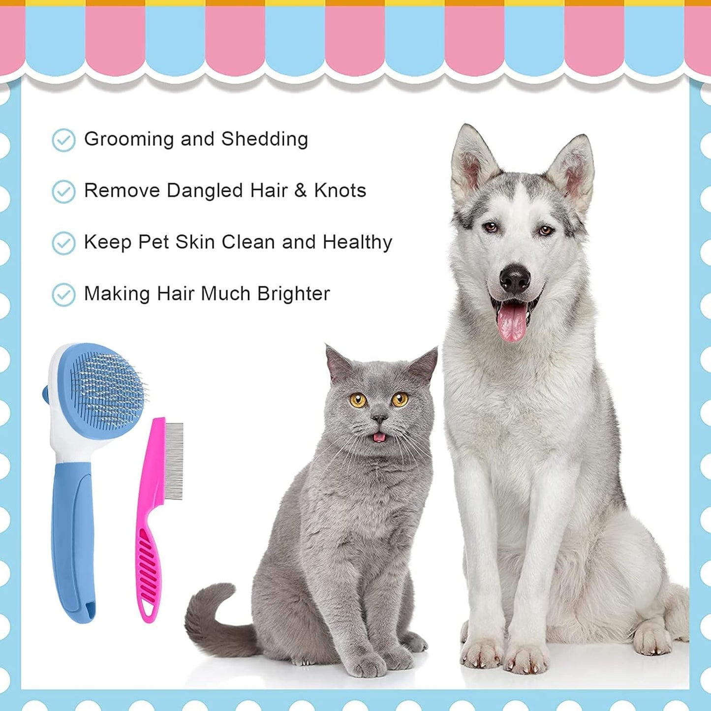 Cat Brushes for Indoor Cats, Dog Brush for Shedding with Metal Cat Comb, Self Cleaning Pet Hair Brush with Release Button for Grooming Kitten(Pink)